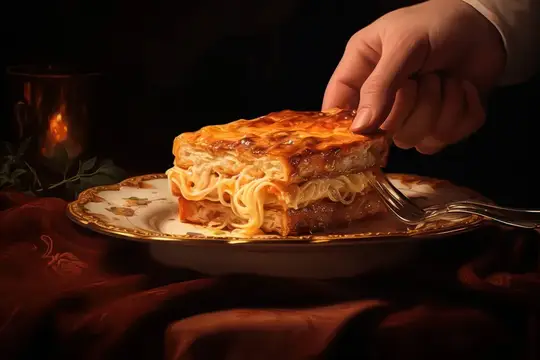 Рука ставит кусок лазаньи с сыром на тарелку при свечах