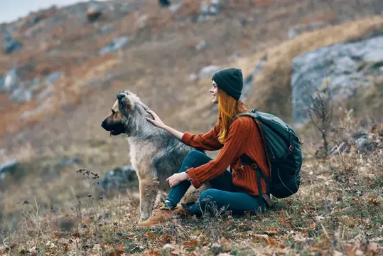 Весёлая женщина-туристка рядом с собакой, дружба на фоне горного пейзажа