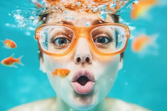 Девушка в оранжевых очках с золотыми рыбками под водой