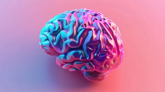 Анатомическая трехмерная иллюстрация человеческого мозга со словом Brain на розово-голубом фоне