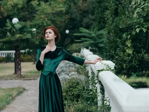 Красивая женщина в зеленом платье, архитектура, природа, гламур, модель