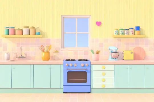 Иллюстрация уютной пастельной кухни с голубой плитой и окном