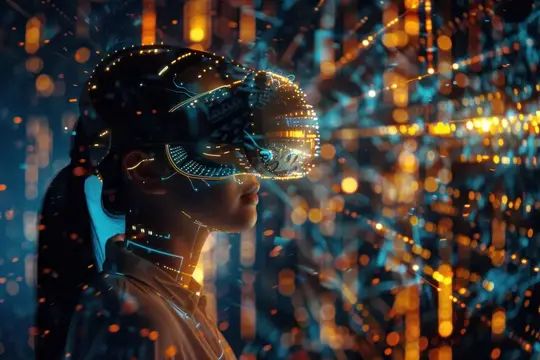 Девушка в футуристическом VR-шлеме среди светящихся огней