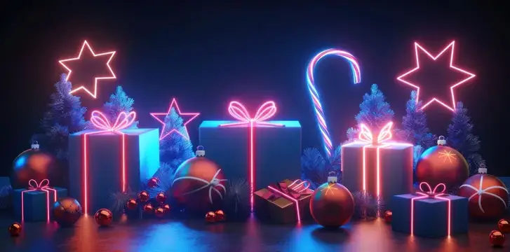 3D-рендер новогодних подарков с неоновыми лентами и ёлочными шарами