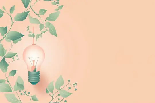Светящаяся лампочка, свисающая с ветвей с листьями, на пастельно-персиковом фоне, символизирует креативность и устойчивое развитие