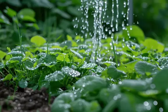 Струи воды поливают грядку с зелеными листьями салата