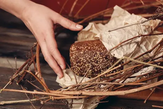 Нарезанный ржаной хлеб лежит в птичьем гнезде на красном фоне