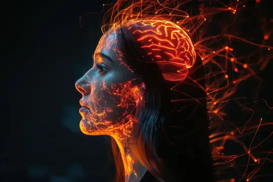 3D-рендер профиля девушки с пылающим мозгом и нейросетью