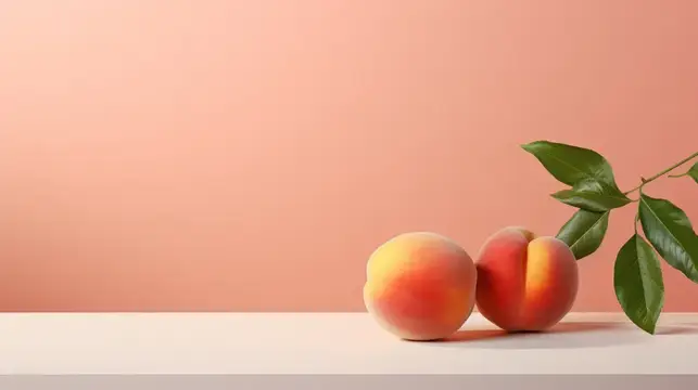 Два спелых персика с веточкой на розовом фоне