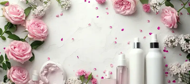 Розовые розы и белые флаконы косметики на светлом фоне