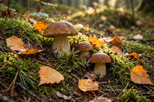 Три белых гриба растут во мху среди осенних листьев