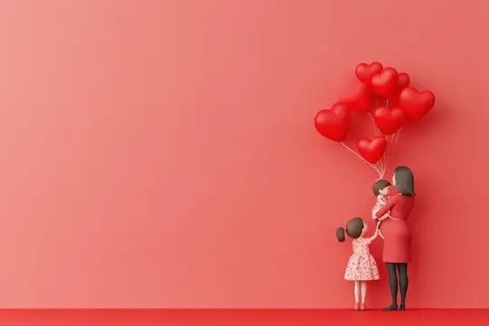 3D-иллюстрация матери с детьми и связкой сердец-шаров на розовом фоне