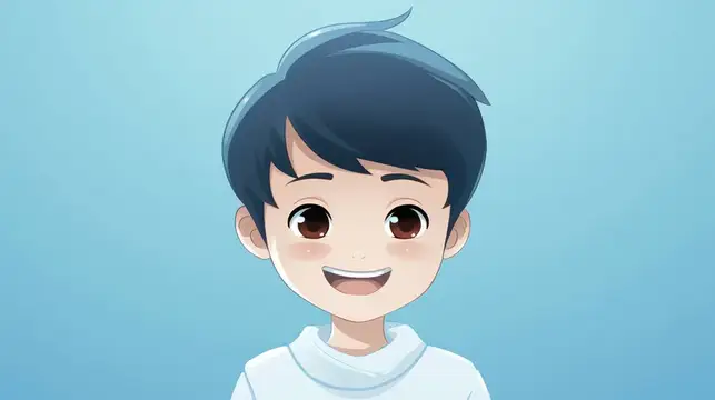 Иллюстрация улыбающегося темноволосого мальчика на голубом фоне