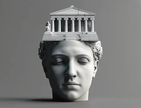 Статуя женщины, голова которой находится на вершине здания, окруженного храмом, вдохновение для путешествий и искусства