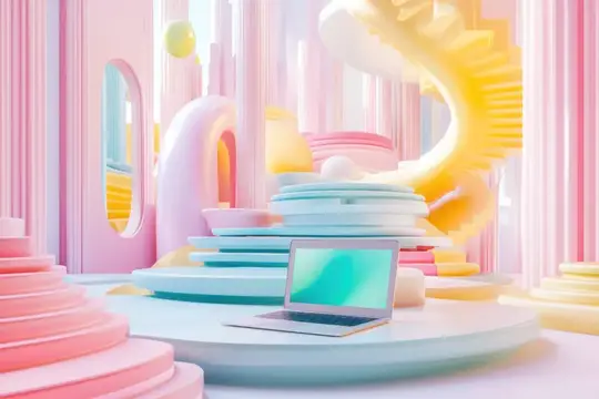 3D-рендер с ноутбуком среди пастельных геометрических фигур