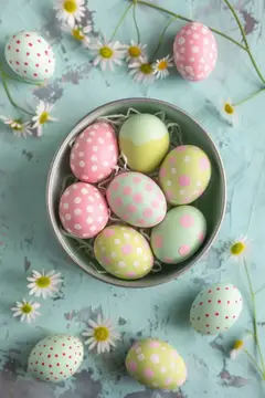 Пастельные пасхальные яйца в миске и ромашки на бирюзовом фоне