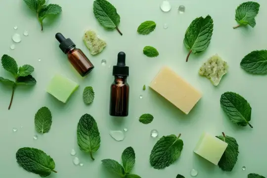 Натуральное мыло и эфирные масла с листьями мяты на светлом фоне