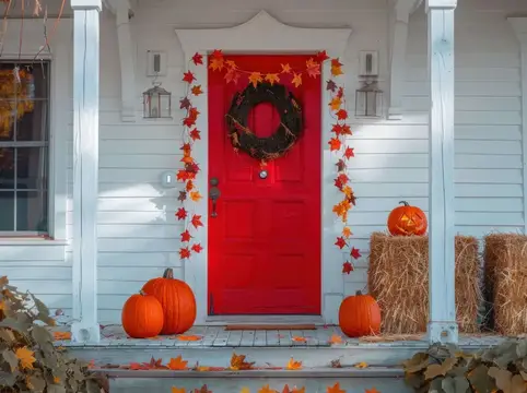 Красная дверь с осенним венком и тыквами на крыльце
