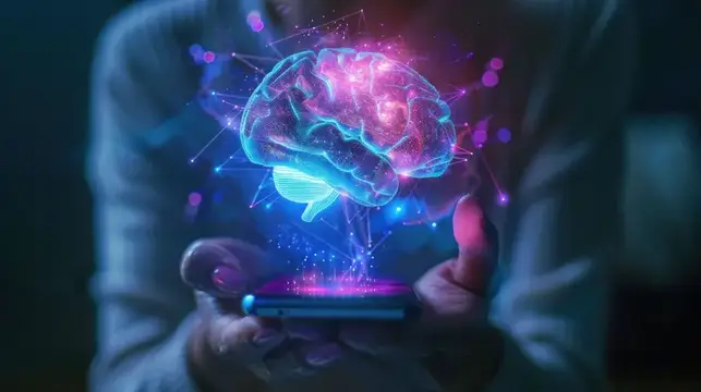 Человек держит смартфон со светящимся мозгом и текстом 'smart brain' на экране