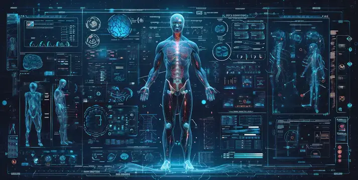 Футуристический технологический интерфейс: цифровая графика будущего здоровья на экране с инфографикой тела