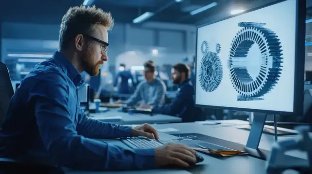 Бородатый мужчина в очках работает за компьютером с 3D-моделью шестерёнки