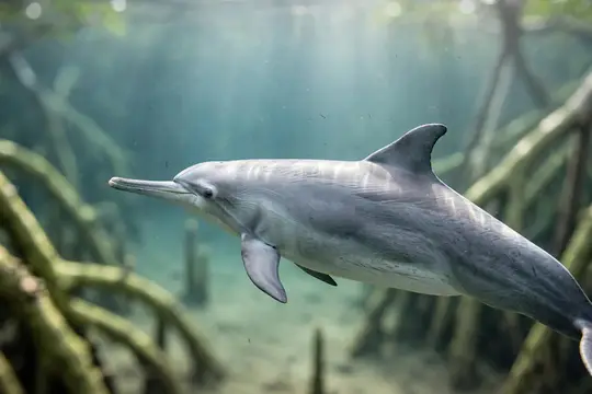 Дельфин плывёт под водой среди мангровых корней