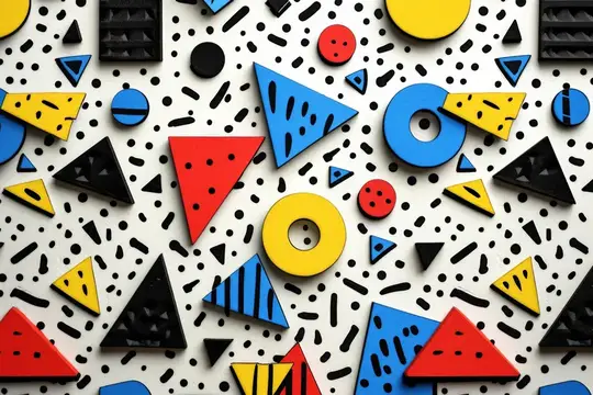 Абстрактная геометрическая композиция из разноцветных фигур, расположенных на белой поверхности, в палитре красного, жёлтого, синего и чёрного цветов