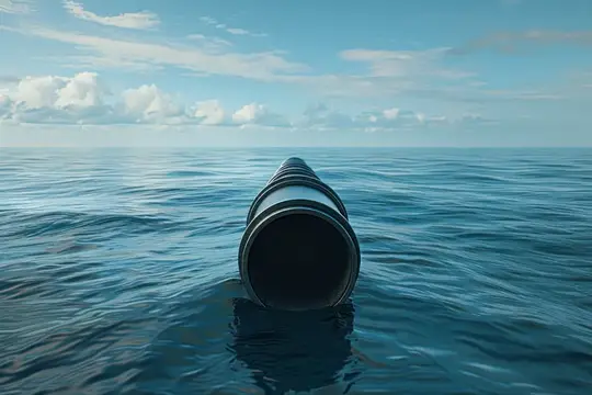 3D-рендер металлической трубы, торчащей из воды на фоне моря и неба
