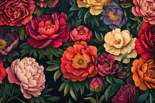 Иллюстрация с крупными яркими пионами и бутонами на тёмном фоне