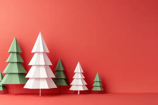 3D-рендер бумажных ёлочек на красном фоне