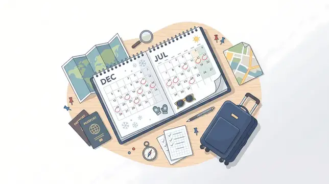 Иллюстрация с календарём, картами и чемоданом для планирования путешествия