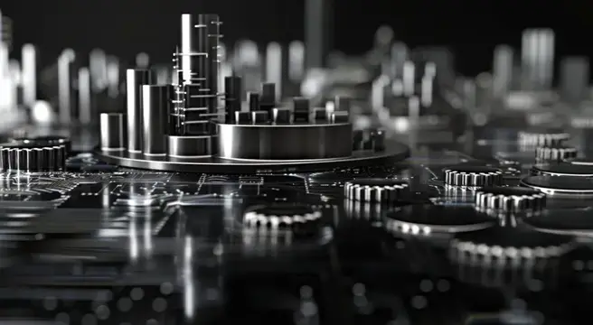 3D-рендер футуристического города из металлических деталей на плате