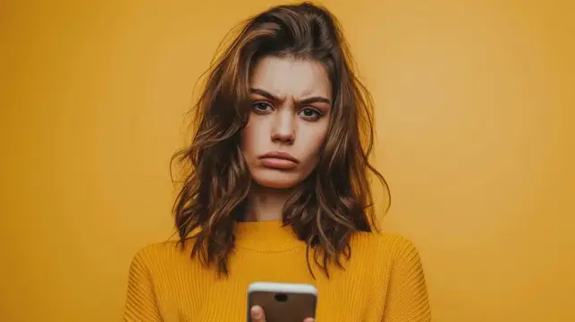 Недовольная девушка с телефоном на желтом фоне