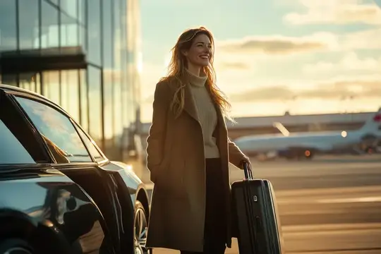 Улыбающаяся женщина с чемоданом у машины на закате