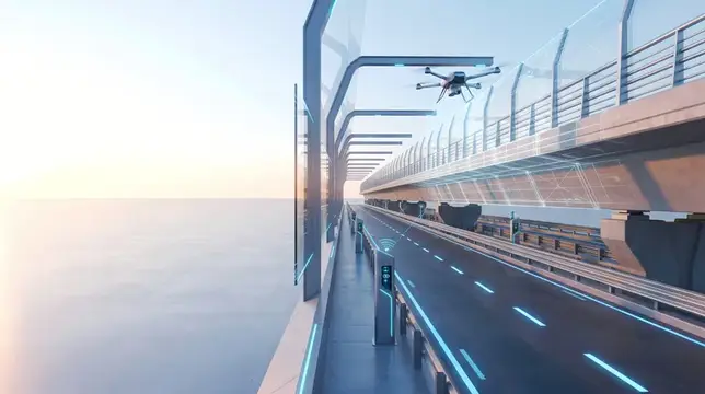 3D-рендер футуристической трассы с дроном над морем