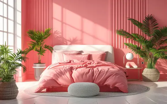 3D-рендер спальни в розовых тонах с пальмами и солнечными тенями