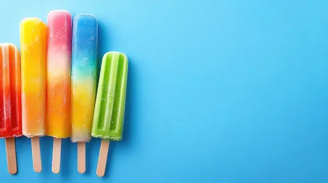 Разноцветное фруктовое мороженое на палочках на голубом фоне