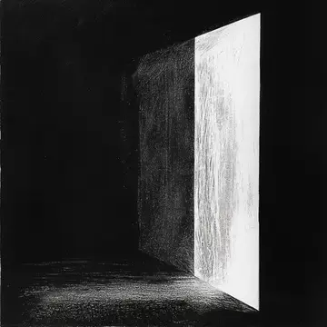 Черно-белая иллюстрация с ярким светом в темном проеме