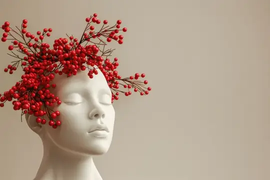 Гипсовая голова с венком из красных ягод на бежевом фоне