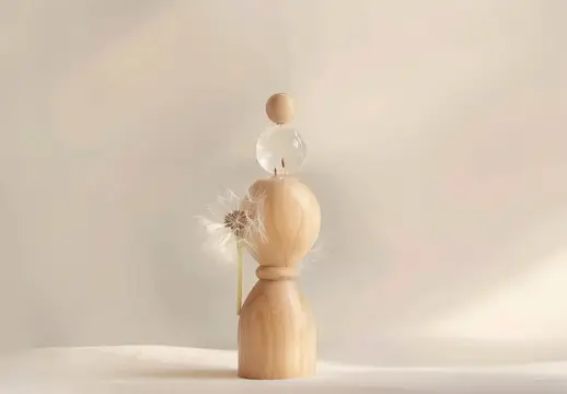 Деревянная фигурка с одуванчиком и стеклянным шаром на светлом фоне
