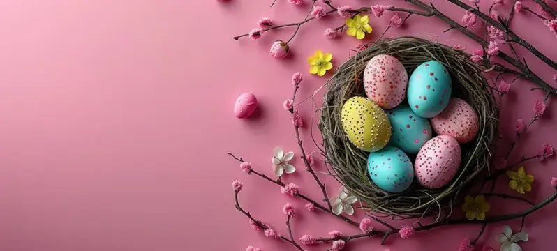 Пасхальные яйца в гнезде на розовом фоне с веточками