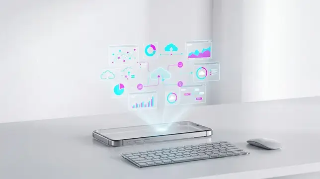 3D-рендер смартфона с голографическими графиками над клавиатурой
