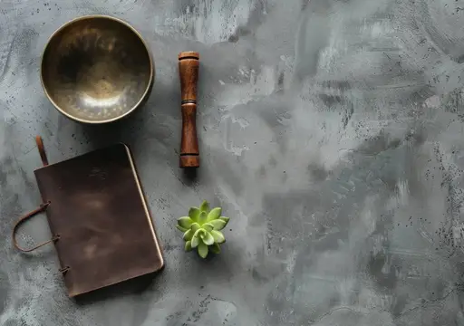 Поющие чаши, блокнот и суккулент на сером бетонном фоне