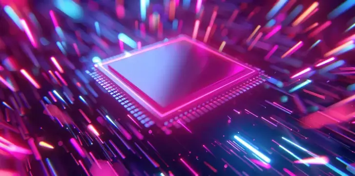 3D-рендер светящегося микрочипа в неоновых лучах