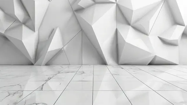3D-рендер пустого помещения с белыми геометрическими стенами и мраморным полом