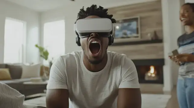 Темнокожий парень в VR-очках кричит от восторга в гостиной