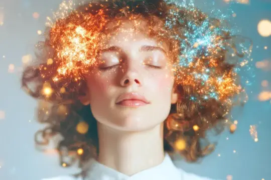 Это изображение запечатлело безмятежную молодую женщину с вьющимися волосами, переживающую момент умиротворения, когда вокруг нее вспыхивают красочные искры творчества, символизирующие воображение