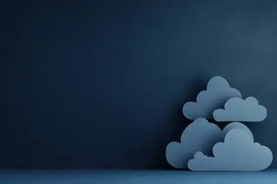 3D-рендер с бумажными облаками на тёмно-синем фоне
