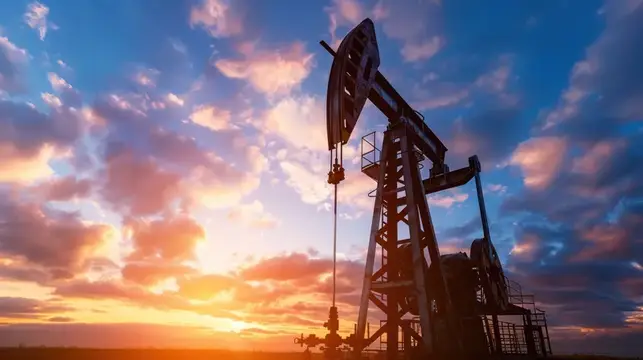 Нефтяная качалка на фоне закатного неба с облаками