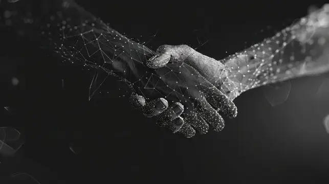 3D-рендер рукопожатия из светящихся частиц и линий